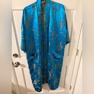Vintage Mei Gui 100% Silk Teal Dragon Kimono Robe with Sash M